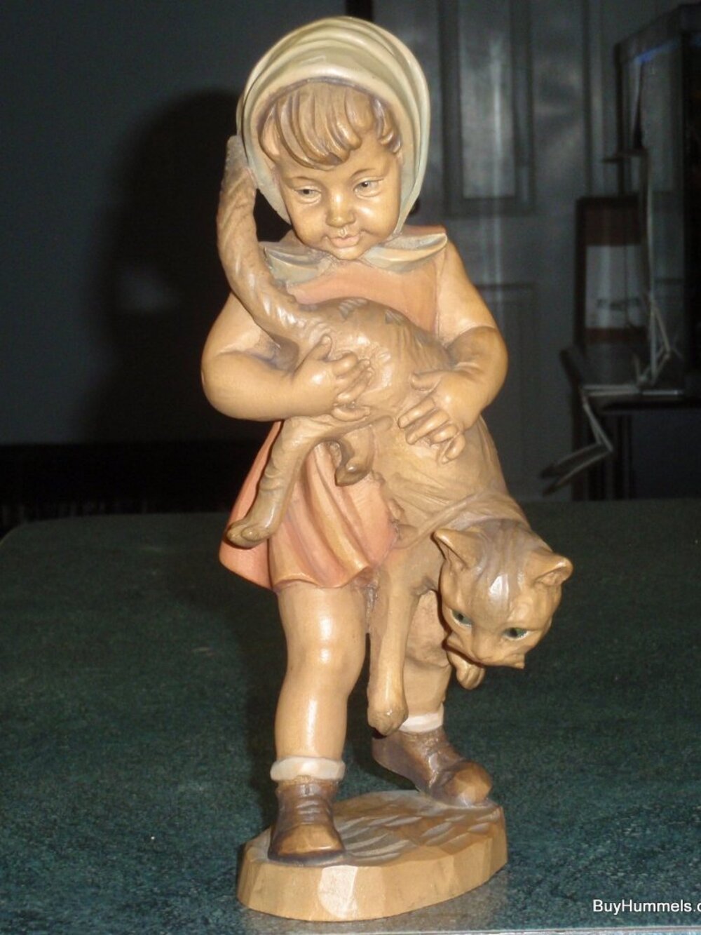 "Girl With Cat" ANRI Hand Carved Wood Signed By ULRICH BERNARDI 10" tall - RARE!